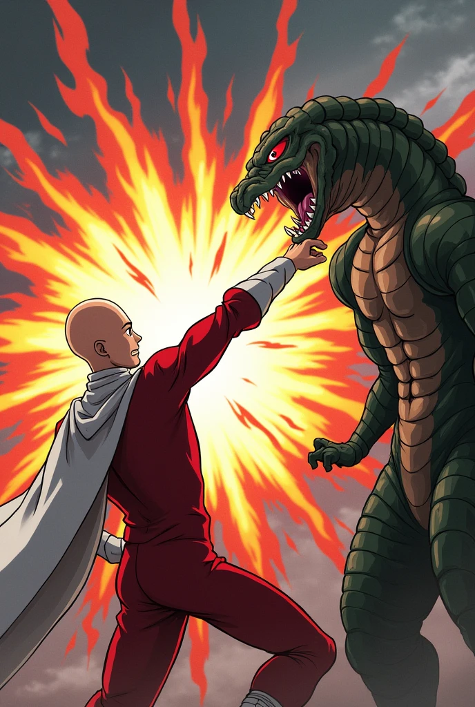 Create an image of Saitama vs Orochimaru, Saitama defeats Orochimaru, the drawing style of the two characters is similar to the drawing style in the Anime, Saitama has the same drawing style as in Anime One Punch Man, Saitama's outfit, appearance, face Like in the One Punch Man Anime, Orochimaru has the same drawing style as the Naruto Anime, Orochimaru's shape, face, and outfit are similar to the Naruto Anime. Saitama flew in and punched Orochimaru hard. Saitama's expression when punching Orochimaru was calm and bewildered, while Orochimaru's expression showed extreme pain and anger when he was punched.