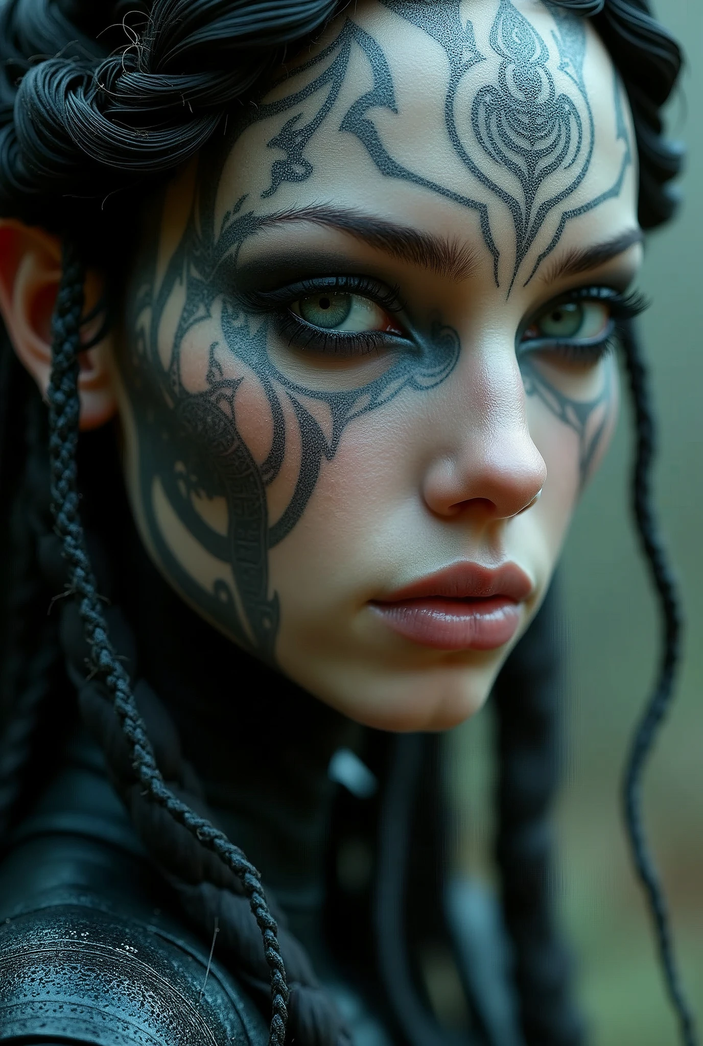 Close up portrait of woman with tattoo on face, Dark Elf, Fractalpunk, Braided complex hair, matte painting portrait shot, Beautiful female android, Dark skin, She is dressed as a shaman, Tattooed face, Cryptopunk, Heavy makeup,grin