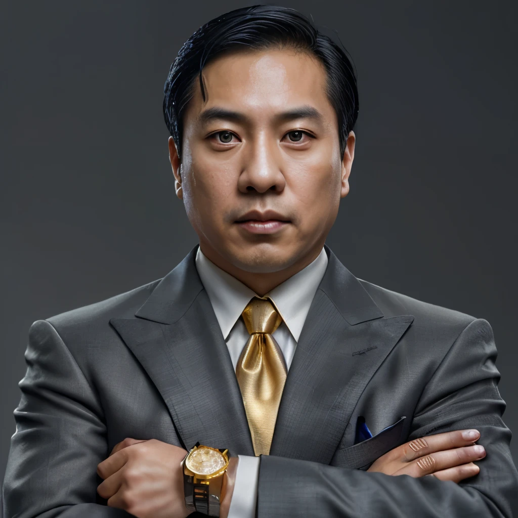 Photorealisic, a asian male businessman of 40-yo, confidence appearance, wear elite suits with gold coloured tie, have golden rolex at his left hand, sharp eyes, at flat grey background, photo taken at studio with dramatic portrait lighting