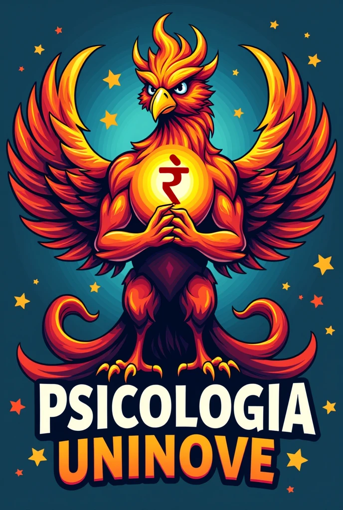 Create a mascot image for the Psychology course. The phoenix must have a confident and empowered posture, symbolizing strength and overcoming. He should be holding the Psychology symbol Ψ with an expression of determination.. Use colors that represent Psychology, como azul, yellow and red, no design, swirly vibrant colors. Include the name 'PSICOLOGIA UNINOVE' in bold, with typography that conveys power and professionalism. The mascot's style should be aggressive and inspiring., with features that show power and resilience. Design should reflect the spirit of support, development and reception of the group, incorporating additional symbols related to Psychology, significant elements for the course and practice of Psychology. Make a logo and use it on social media. same color background, animal on fire and put the psychology dimbolo