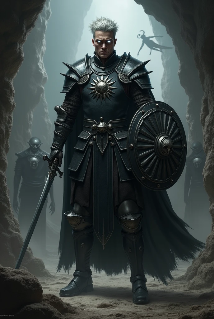 A tall man, shaven , with silver and spiky hair, eyes with silver iris, in a cave, with black medieval armor with a black sun on the chest, with a circular shield with the design of a sun, Wearing a longsword in his hands, fighting the undead