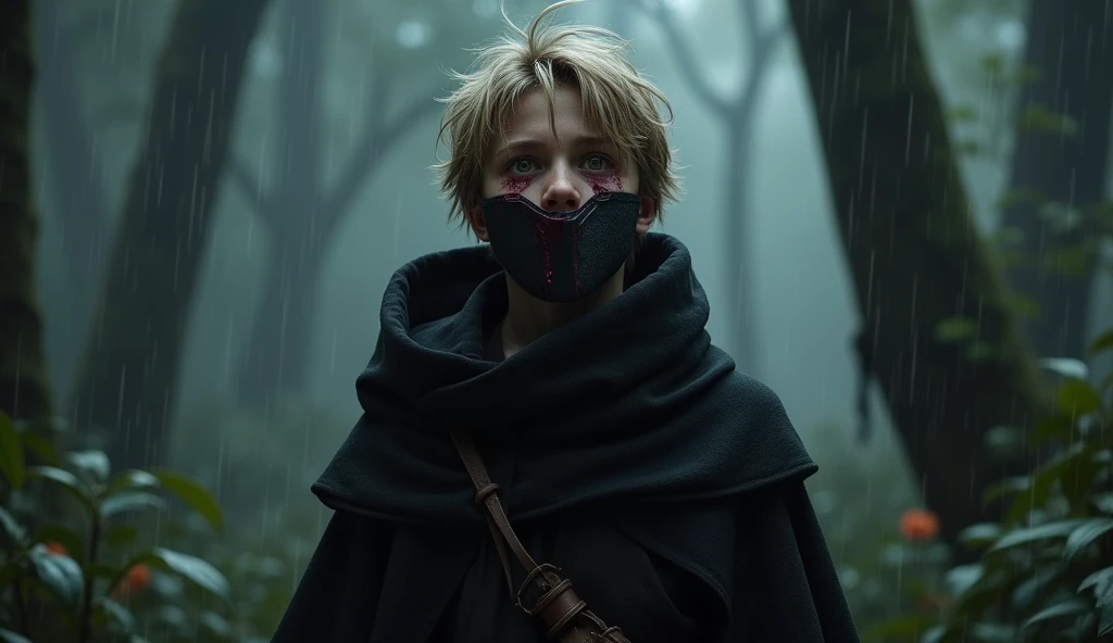 Character based on the world of Star Wars, a young 13 years ager male sith lord, dark blonder short haired, yellow eyes, dark simple cloack, in the dark rain florest, high realism, blood crying, broked dark sith mask, fontal, screaming