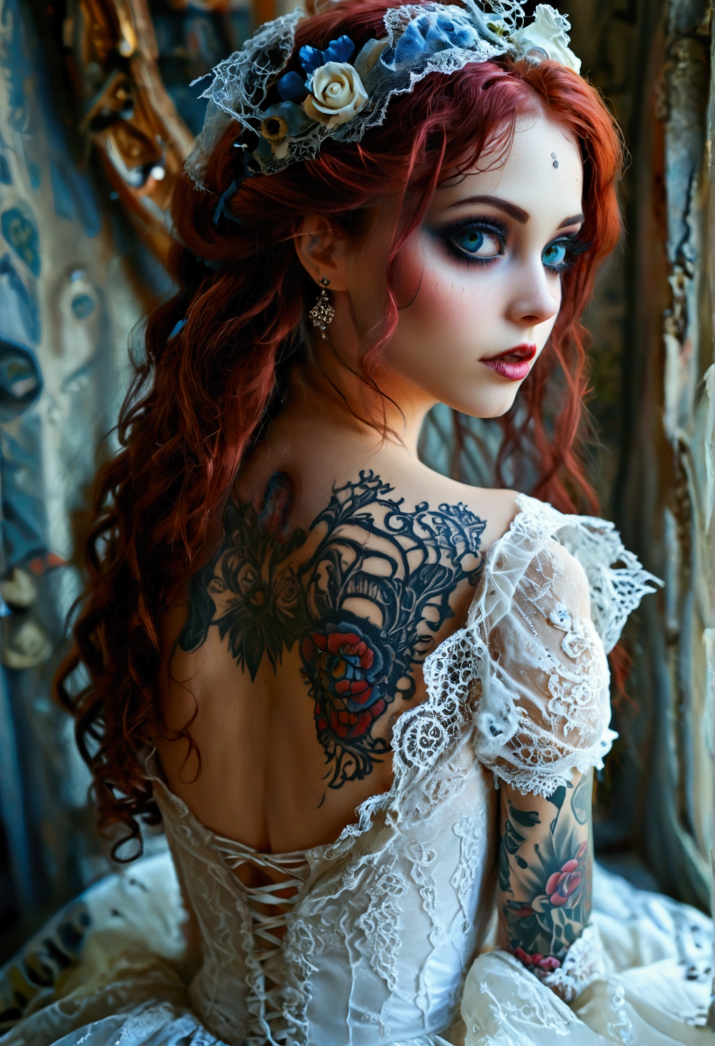 Create a hyper detailed photograph of a corpse bride tattooed young sexy Emily the Corpse Bride, Stunningly perfect gorgeous face, perfect makeup, detailed vibrant eyes, long hair, beautiful perfect, perfect beautiful perfect arms, realistic torso, Emily corpse bride detailed skin, big breast, perfect round ass, corpse bride sexy seductive white lace lingerie dress, back to camera looking forward,