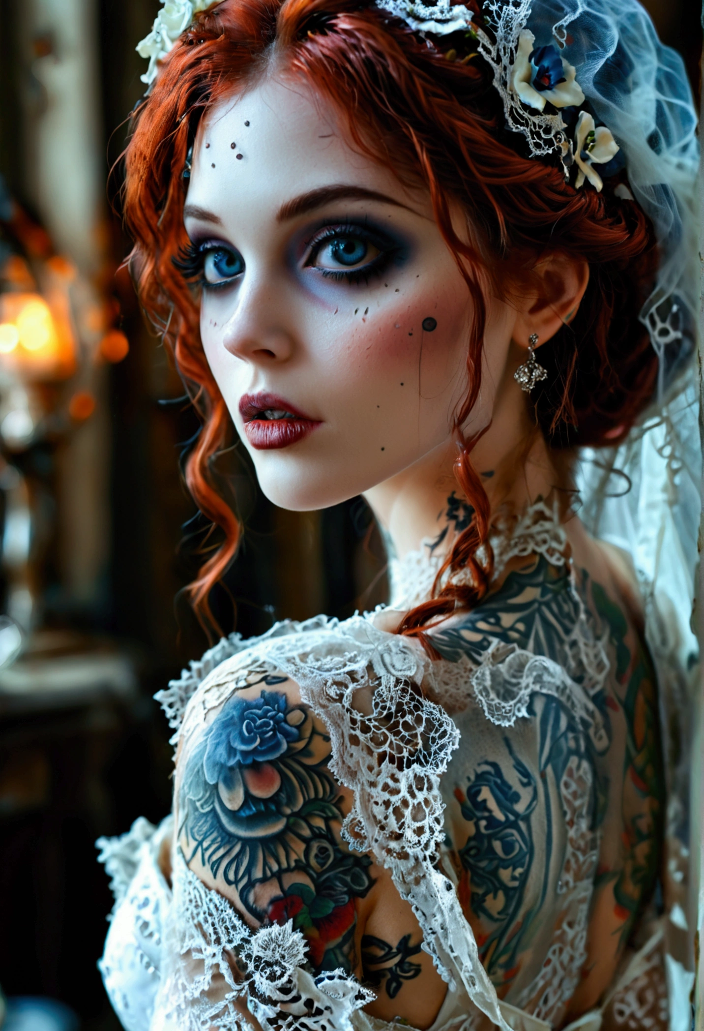 Create a hyper detailed photograph of a corpse bride tattooed young sexy Emily the Corpse Bride, Stunningly perfect gorgeous face, perfect makeup, detailed vibrant eyes, long hair, beautiful perfect, perfect beautiful perfect arms, realistic torso, Emily corpse bride detailed skin, big breast, perfect round ass, corpse bride sexy seductive white lace lingerie dress, back to camera looking forward,