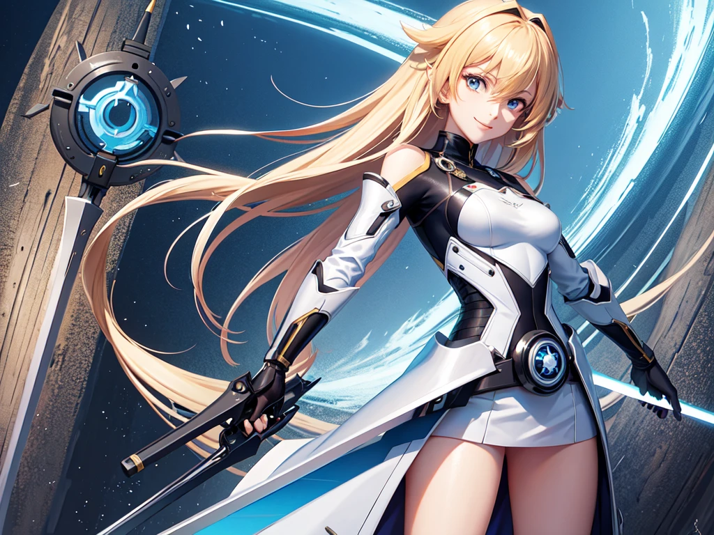 4K,High resolution,one woman,blonde,long hair,blue eyes,big breasts,younger sister,white tight cyber suit,white hood,blue clothes,gold decoration,cross decoration,city of the future,church