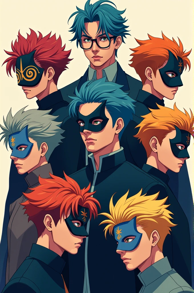 1 anime picture of 10 genius people wearing masks, each with different hair color