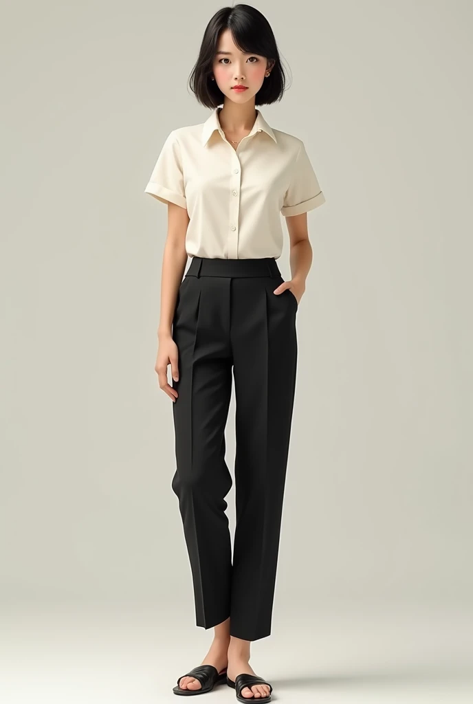 Woman 158cm, 66kg, shorth hair, dark skin wearing off-white polo collar t-shirt, work uniform type, black tailored pants and flat sandals.