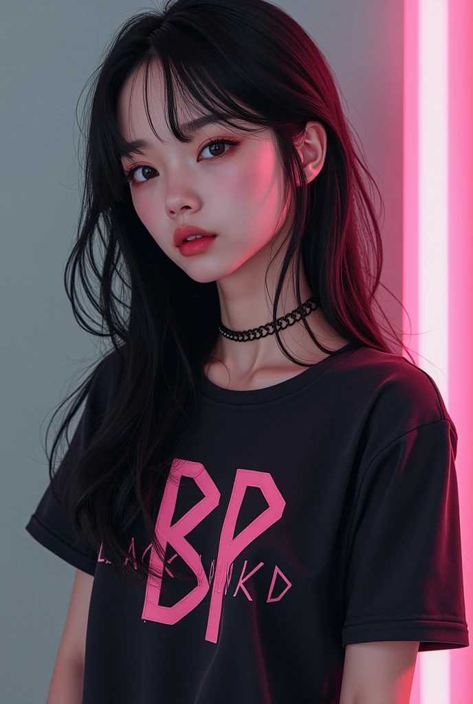 a slim girl,with black long hair and blackpink band shirtwhose not korean or chienese