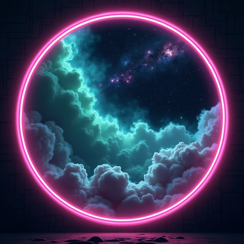 round frame, Outer space, neon colors green and violet, smoke, weed