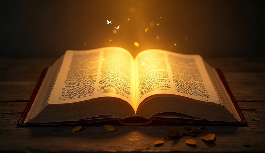  A visually stunning thumbnail featuring an open Bible whose pages are glowing, emitting a warm light. The background should be dark textured wood to create contrast., giving a sense of depth. Use a palette of warm yellows and browns to evoke a sense of warmth and wisdom.. Add symbolic illustrations like a small dove and an olive branch to signify peace and wisdom, subtly integrated into the corners. Apply a soft glow effect around the Bible to draw the viewer&#39;s attention.