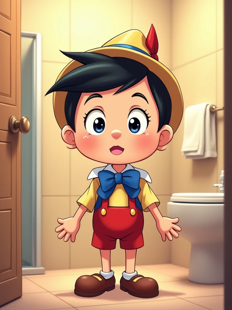 This image shows a cartoon character with the characteristics of the character Pinocchio in a cartoon style Pinocchio illustration, with big eyes, thick eyebrows, a soft nose, and a surprised expression. The character is naked, has a simple design, and has a small penis between his legs, lower abdomen area, in the bathroom is an illustration, Japanese anime style, especially for fun or funny content. 8k clarity, warm light, beautiful colors.