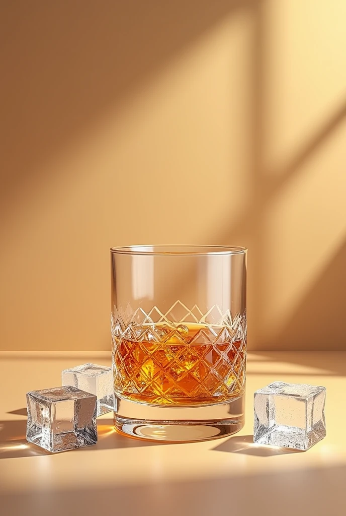 show a short glass of wiskey with cristals details with ice with a beige background with many details and a shadow