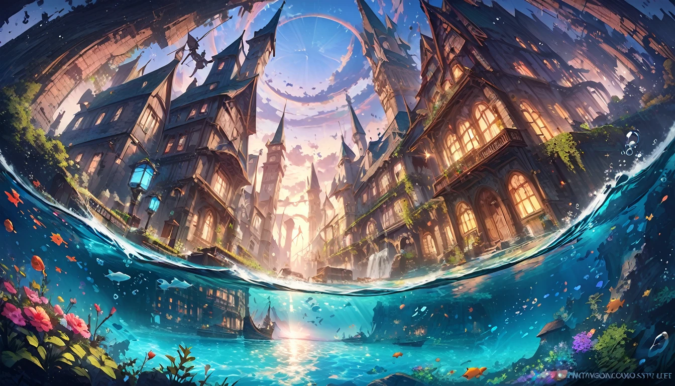 color (fantasy: 1.2), (Miyazaki style), (Irregular buildings floating on the sea), Patchwork cottage, Floral Decoration, Light, Concept art inspired by Andreas Rocha, Artstation Contest Winners, fantasy art, (Underwater city), Ross Chen, Light shaft, Realistic lighting, masterpiece, high quality, Beautiful graphics, Attention to detail, masterpiece, high quality, Beautiful graphics, Attention to detail,