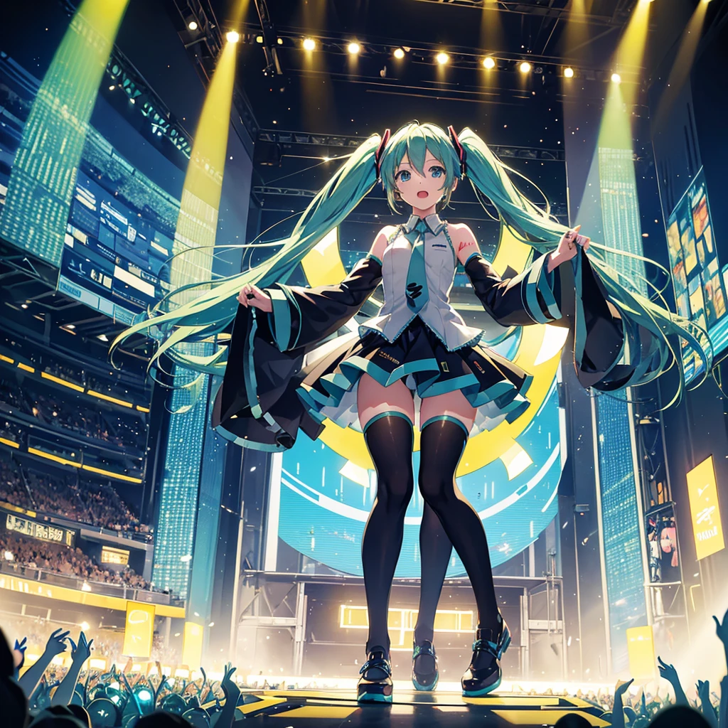 Hatsune Miku at a concert, singing, dancing, many people near the stage, lights, horizontal view, there are enthusiastic fans in the distance, holding light signs and glow sticks, bright picture, bright background, panoramic view, full body