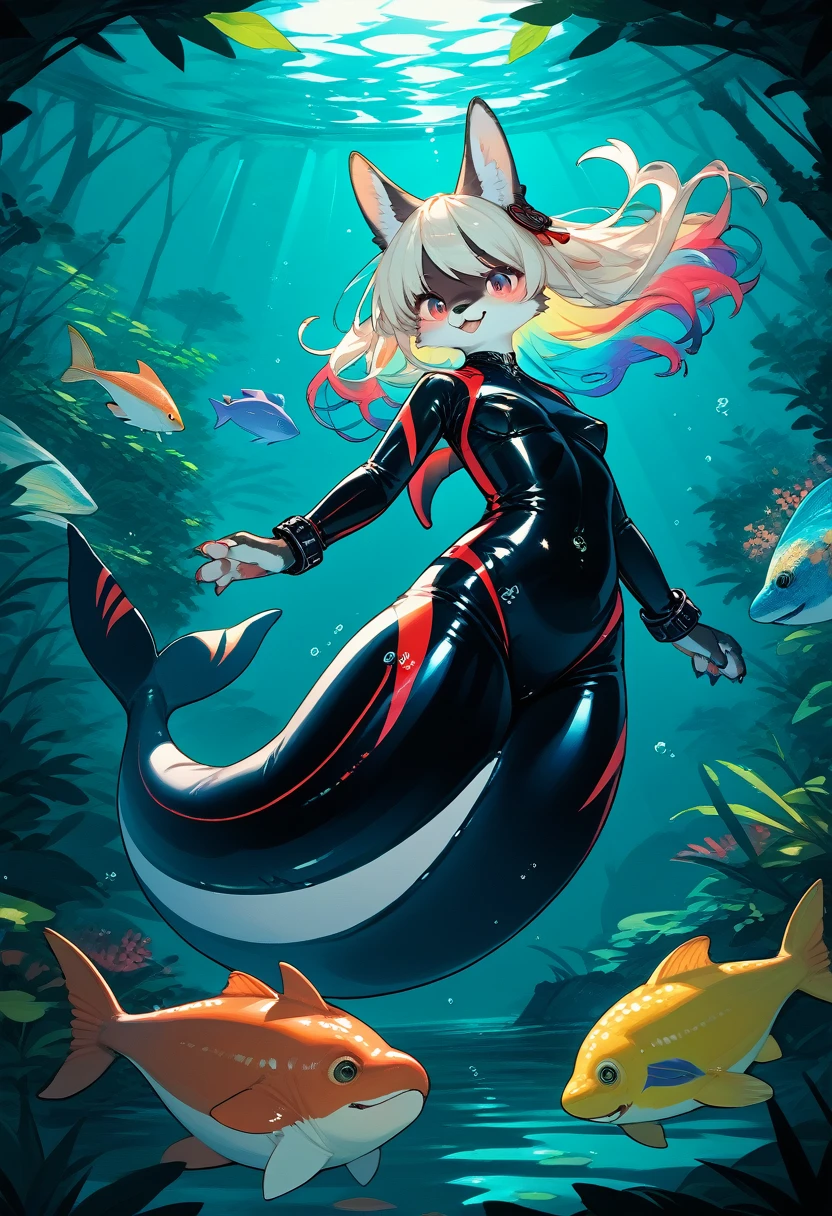 Highest quality, Highest quality, masterpiece, Ultra-high resolution, Detailed Background, Absurd, Aquarium, forest, Perfect Anatomy, performance, Good lighting, Shadows in the movies(kemono, Furry Personifi猫ion), Orca, Mermaid, Rubber Suit, latex, Fin Boots, Vibrant colors, Dynamic Lighting