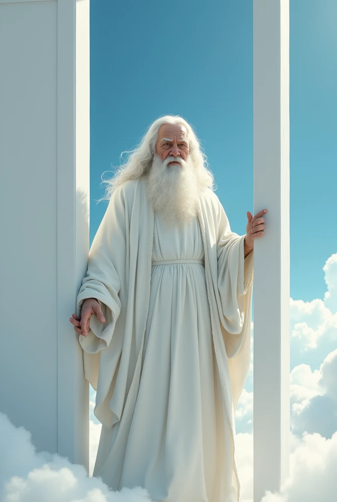Create an old man dressed in a white robe in the style of biblical times, white beard and white hair closing a narrow white door from inside in the sky