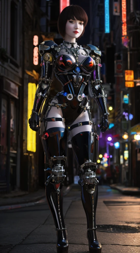 ((masterpiece, The best quality)), illustration, 8K ultra-detailed, realist, sharp focus, Highly detailed, Pro Lighting, Colorful details, Rainbow color break, Super Long Lens Factory, large mechanical robot structure, microchip, computer, luminescence, intricate details, shitu-mecha, 1girl, Use wick, belly button, color image, glow, (cyberpunk),walking in the city
