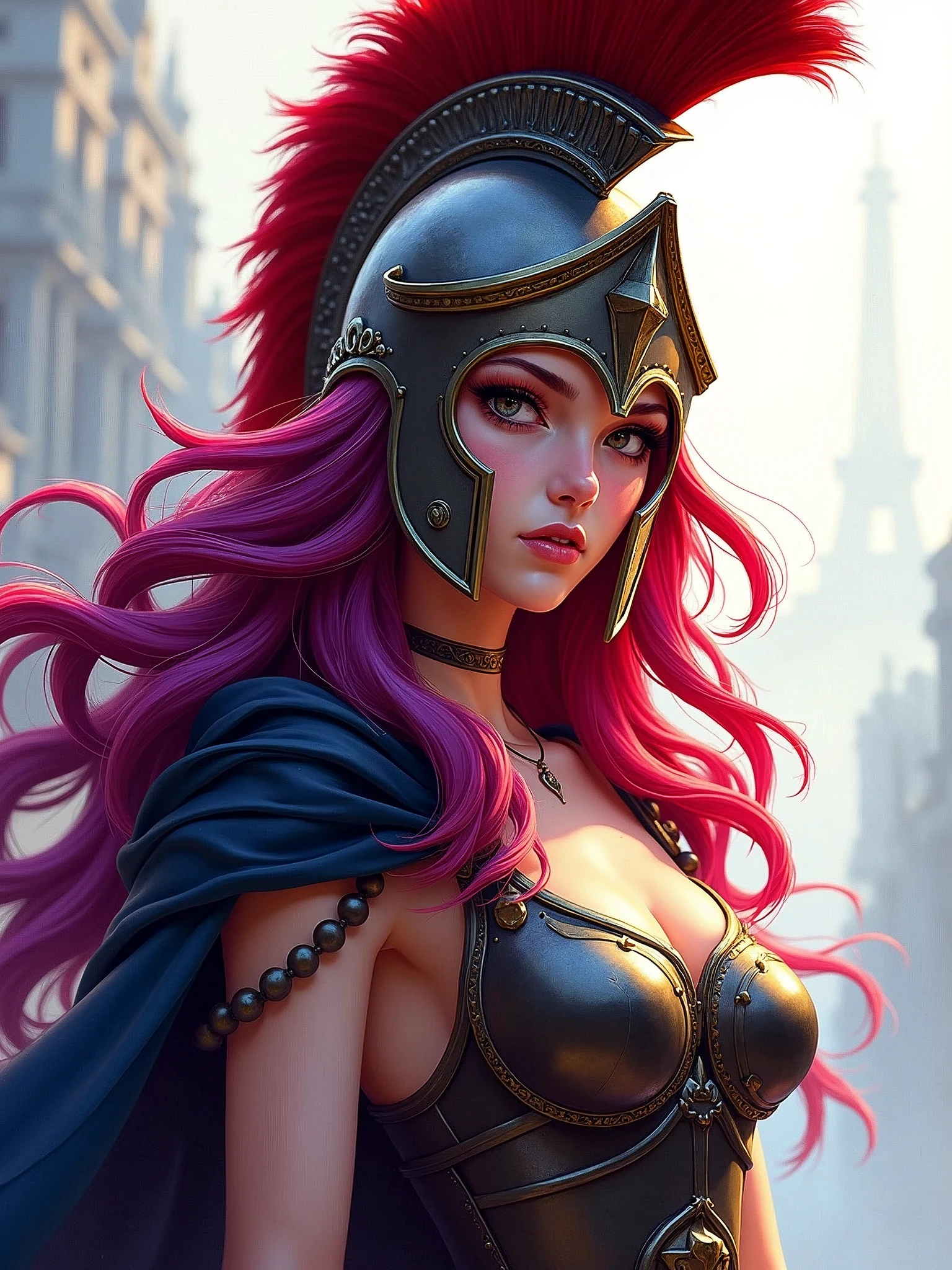 thena wearing roman helmet, red and purple hair, manga style, digital art