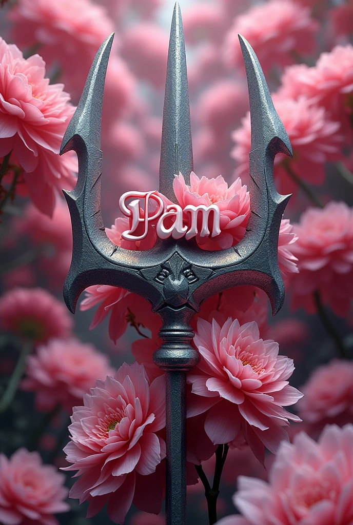 I WANT A BIG AND BEAUTIFUL TRIDENT WITH MY NAME PAM IN THE MIDDLE OF THE TRIDENT WITH FLOWERS AROUND IT IN THE COLOR PINK THAT IS VERY EYE-CATCHING AND BEAUTIFUL 