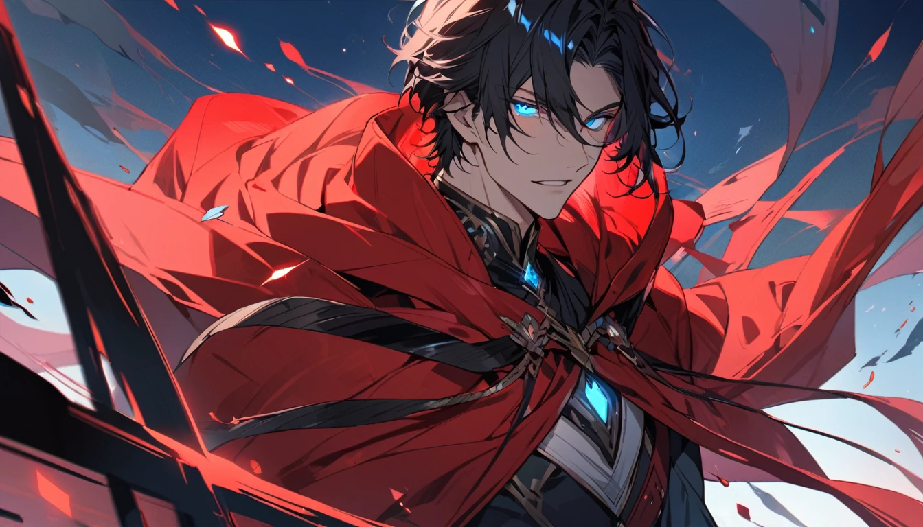 male, solo, handsome, red cloak, black hair, blue eyes, beautiful backround, glowing eyes