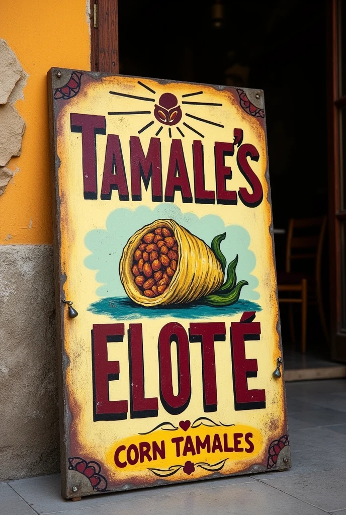 A typical Guatemalan style sign that says corn tamales in Spanish