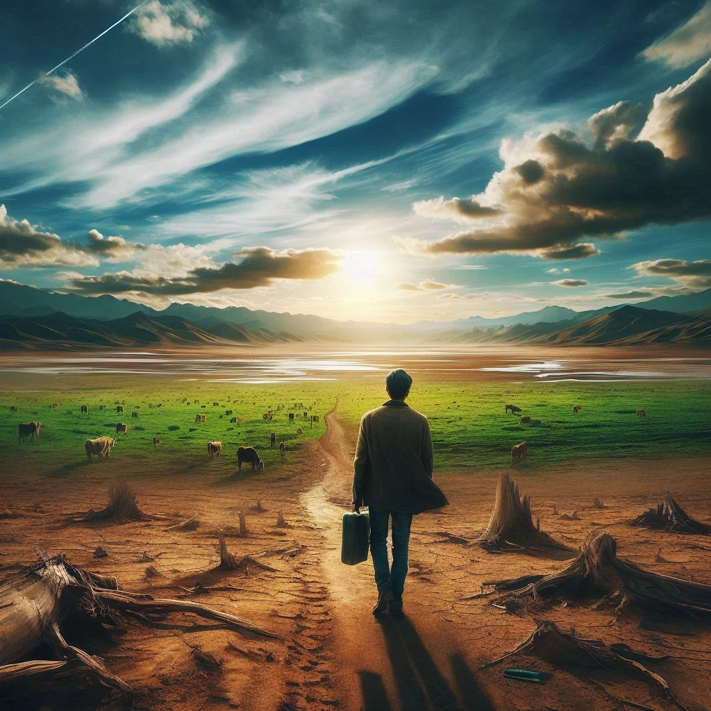 there is a man walking on a dirt road, leaving a desert place and going to a place with green pastures and beautiful blue sky, highlighting the transition from desert to green pastures, epic surrealism 8k oil painting, surreal photography, surrealism 8k, cena surreal, SurrealArt, the journey of life, surreal photo, surreal style, surreal digital art, in a surreal dream landscape, surreal composition, dreamlike surrealism