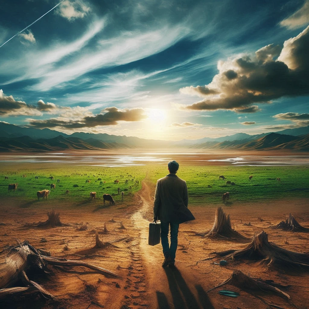 there is a man walking on a dirt road, leaving a desert place and going to a place with green pastures and beautiful blue sky, highlighting the transition from desert to green pastures, epic surrealism 8k oil painting, surreal photography, surrealism 8k, cena surreal, SurrealArt, the journey of life, surreal photo, surreal style, surreal digital art, in a surreal dream landscape, surreal composition, dreamlike surrealism