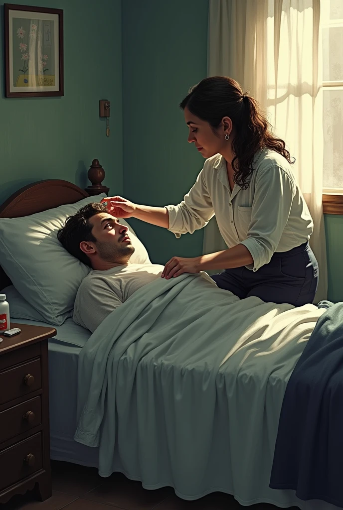 Sick man in bed with a girl taking care of him