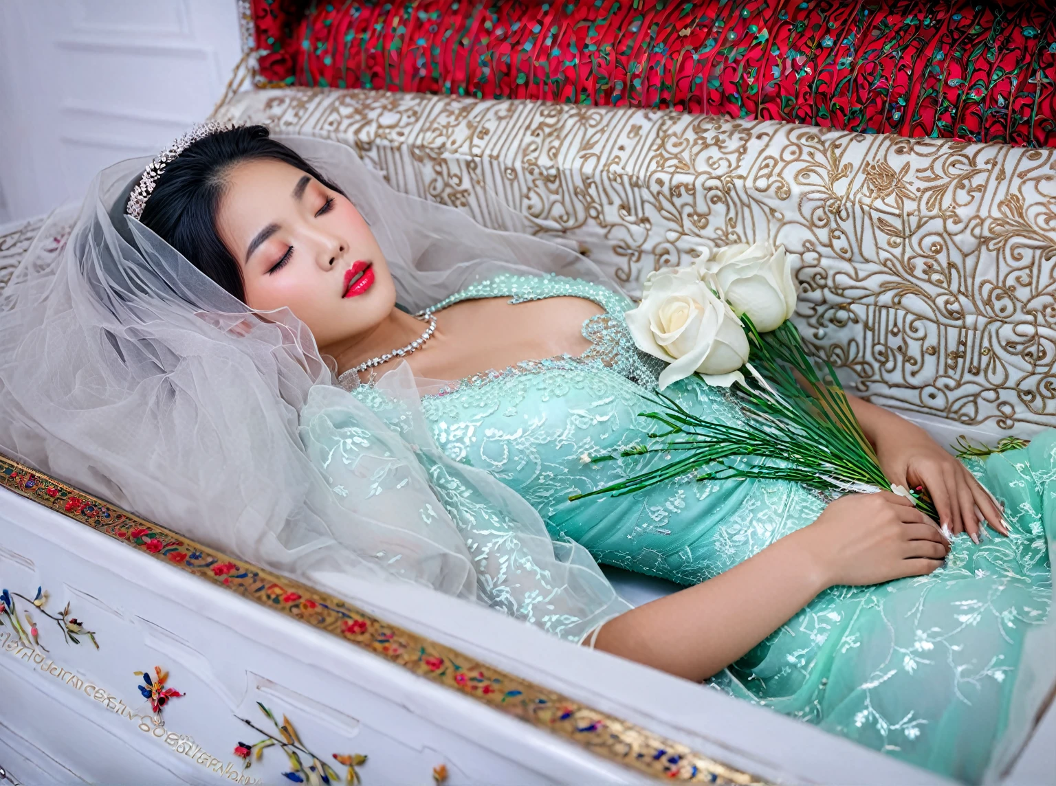 In a striking 8K HDR scene, a stunning Korean woman, 22 years old, lies peacefully in a long coffin and coffin lid beside the dead body. surrounded by plush pillows behind head. The deep box is set against a rich white background, accentuating the beauty of the subject. Her exquisite deep-V neckline kebaya attire is embroidered with superb detail, showcasing her round and firm breasts, perfect cleavage, and beautiful eyebrows. Her closed eyes and mouth give an air of serenity, while her visible and absolute cleavage leave nothing to imagination. The scene is bathed in saturated colors, highlighting every intricate aspect from the ball skirt to her clean face, straight body, detailed hand perfect hands, straight body, own hands together, own hand on stomach, detailed hands, perfect hands, curly hair