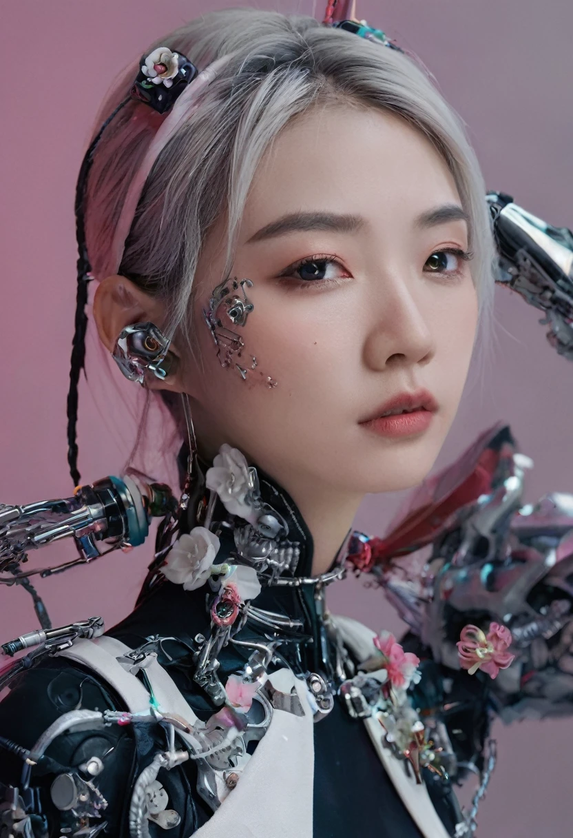 An extraordinarily detailed close-up portrait of an android-human hybrid K-pop idol, showcasing her striking Skell cyberpunk appearance. Her face is adorned with intricate mechanical implants, while her white hair has a subtle pink hue. She bite a flower, her cyborg hand covered her eyes, high contrast, upscale sharpness, reflective environtment, unreal engine, space cyborg japan style. Wear anthena, cyborg mouth ,The background features a soft, dreamy style, contrasting with her metallic and glossy chrome features. This captivating image was expertly captured with a Fujifilm XT-10 camera, delivering an ultra-high 8K resolution for breathtaking detail. The hyper-realistic photo exhibits the skill of award-winning photography.