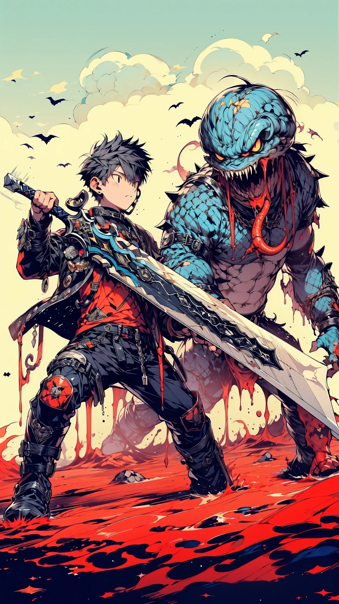 (high quality), (masterpiece), (detailed), 8K, (Teenage boy1.3) clad in (badass armor1.4) holds a (double-handed sword1.4) aloft in an (intense action pose1.4). He stands on the (bubbling, corrosive ground1.4) of the (Acid Arena1.3), facing a (monstrous creature with venomous scales1.4) as they prepare for a (fierce battle1.3). (Dark, foreboding atmosphere1.2) heightens the tension. (high quality), (masterpiece), (detailed), 8K, Anime style character with (cool and edgy tattoos1.3), dressed in (fashionable clothing1.2), posing confidently. Expression fierce, stylish accessory coiled around arm. Thicker outlines emphasize striking, modern fashion, vibrant palette enhances scene.