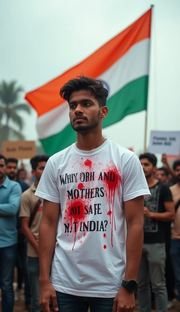 A young man in his early 20s, wearing a white T-shirt with the name ‘NOWAZ’ written on the back, is standing solemnly in front of the Indian national flag. The T-shirt is stained with red blotches resembling blood, symbolizing his protest against the ongoing violence and rapes of women in the country. He stands with a determined posture, holding a sign that asks, ‘Why are our mothers and sisters not safe in India?’ Written on his back of his Tshirt with blood “Why our mother and sisters are not safe”. The scene is set in a large public space, possibly a square or stadium, with the Indian flag prominently displayed, fluttering in the breeze. The background shows a crowd of people, some holding banners and placards, all with somber expressions, reflecting the seriousness of the issue. The sky is overcast, adding to the gravity of the scene, as the atmosphere is heavy with the message of protest and the demand for safety and justice for women in India.