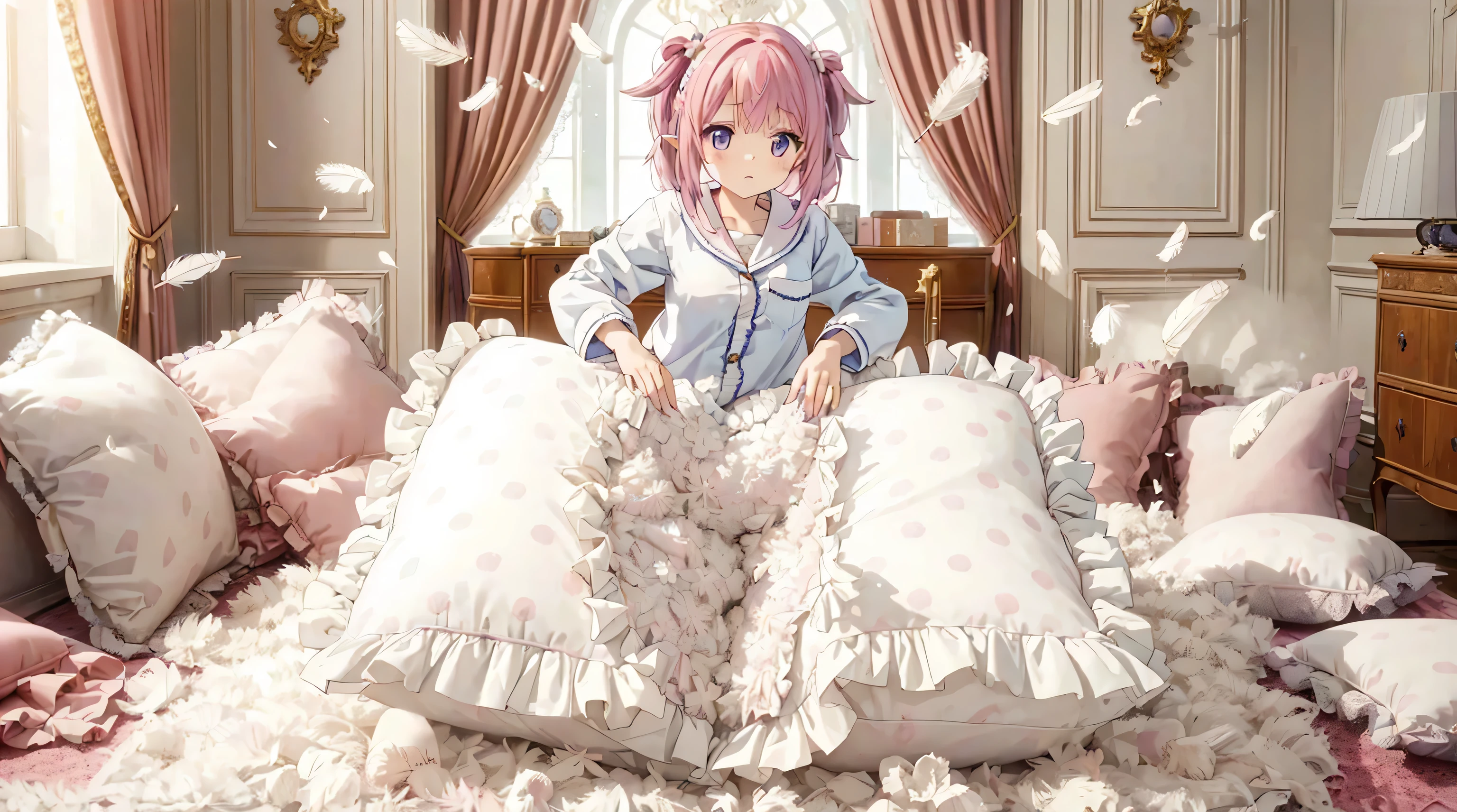 (best quality， masterpiece) , details, (Light and shadow oxtail) , Cute girl posing on pillow ，Pillow, Upholstered，Soft pillow，（Pillow），The love surrounding the protagonist，steam，(Luxury Pillow），（Gorgeous pattern pillow），luxurious pillow, standing,（Love around the protagonist），（pillow）, long hair, frilled pillow , ((pink pillow))  , 1 pillow, standing on a top of pillow, on pillow, big pillow, fluffy pillow, pillow damage, stomping pillow, stonping, pillow on floor, stepping on pillow, posing on top pillow, full body, pillow on floor, (((pink hair))), hatsune (princess connect), (((feathers))), pillow destroy, ripping pillow, tearing pillow in half, feathers everywhere, cotton, stuffing pillow, purple eyes, hair rings, star hair ornament, pointy ears