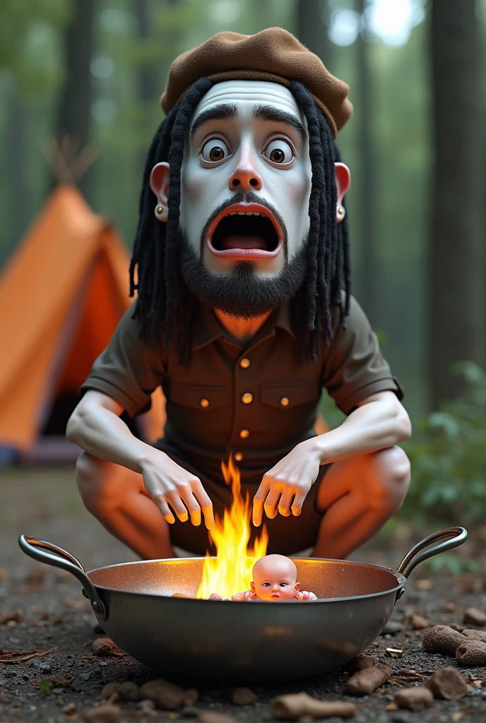 Hyperrealism,funny 3d caricature,big head,skinny legs,masterpiece,overall view,a handsome gothic man,dreadlocks,white face,black iris,wearing dark brown Indonesian scout uniform,Shorts,brown beret,and red and white slayer,sit down to cook with firewood,giant stainless steel pan,contains a kid who looks relaxed as if soaking in warm water.the man cooks with a very large fire,her face is shocked,surprised very funny,background of a camping tent,and some of his friends,gaya gotic.