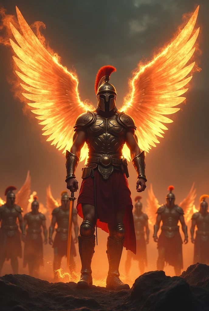 (12 angelic warriors) (with wings of fire) and ( Warrior armor) ( and solo uno de ellos tiene un casco Espartano) ( Everyone has a Dark Aura)