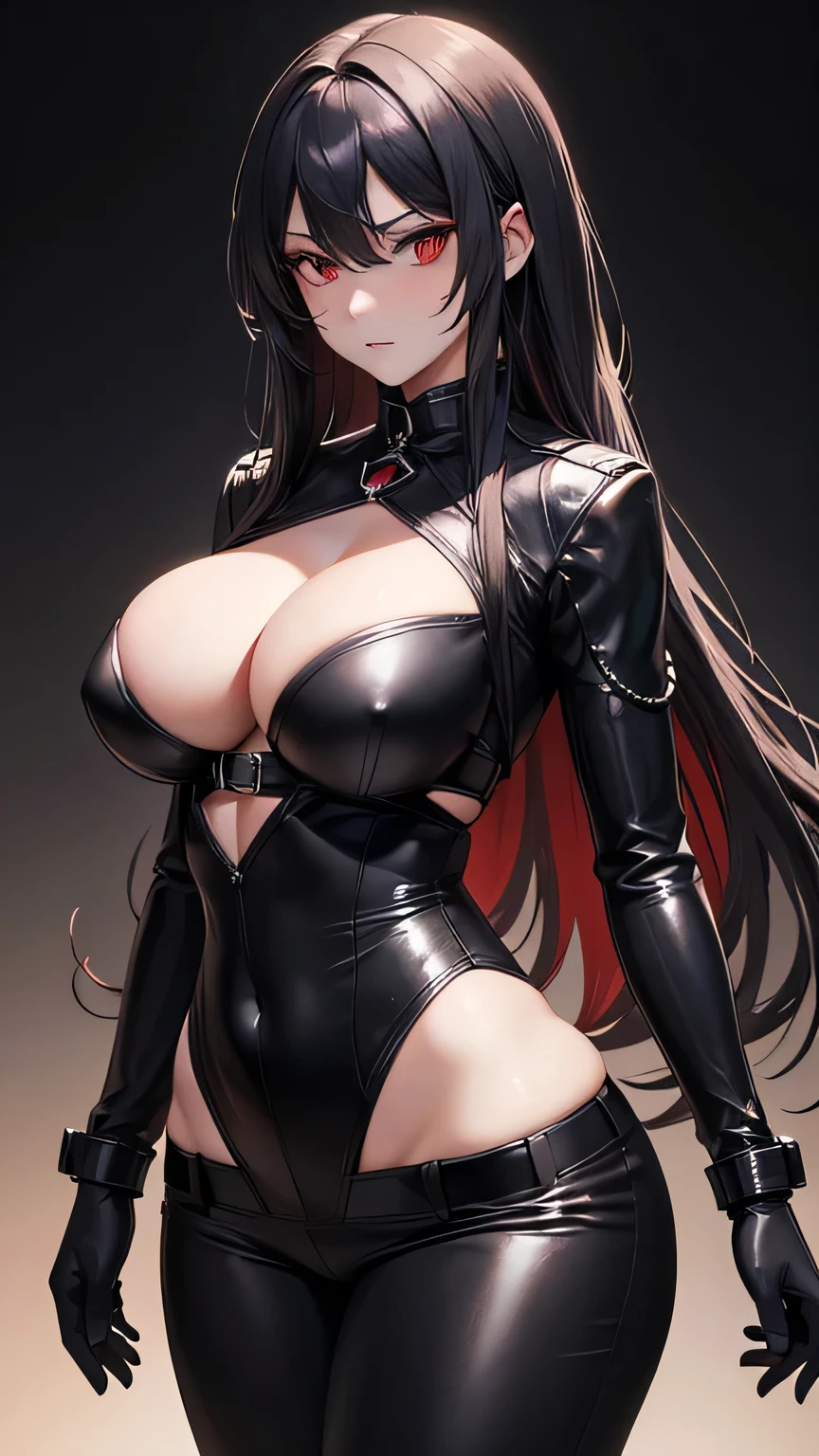 ((Highest quality)), Ultra-high resolution,Adult women, alone, sexy, (Stern face), (Red eyes), Beautiful face in every detail,(High resolution detail of human skin texture), (Black irregular long hair), Black coat,Black suit pants,A mercenary woman,（have a gun in hand）,Realistic:1.4,Realistic:1.4,Dark room,((masterpiece)),Perfect and detailed eyes,Ample breasts,Curvy body type