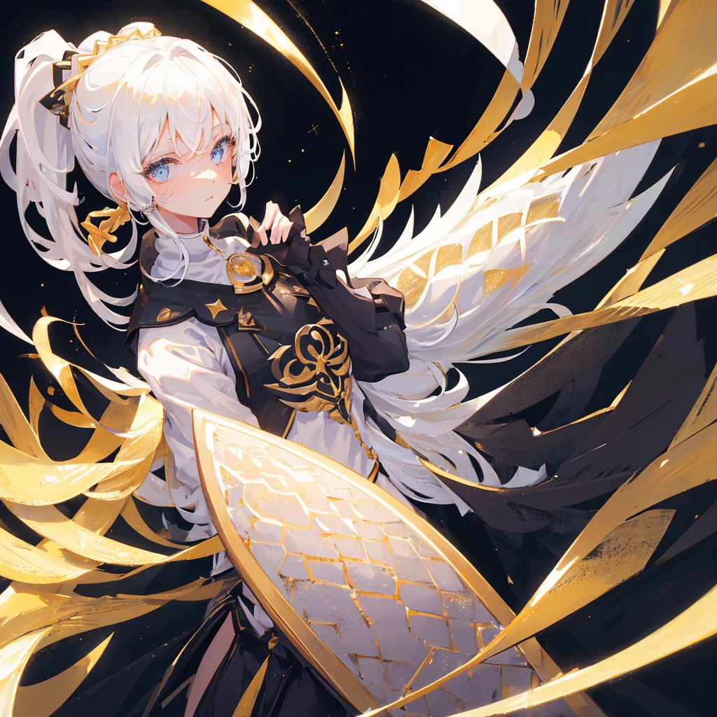 A girl with a white high ponytail，Facing the camera，Hopeful expression，White hair，Gorgeous clothes，Black gold tone，Stars are shining around the body，shine，Gold decorations，((Pure black background))