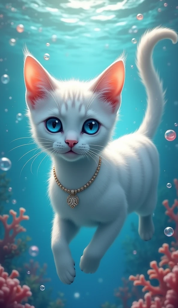 masterpiece, best quality, 8K resolution, very detailed, hairy,blue eyes, gray hair, Short hair, water elements, Underwater background, White cat, White skin, white stripes, White bracelet, corals,bubble, Gold earrings