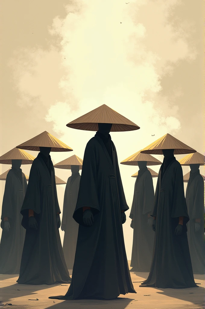1 anime picture of 10 geniuses wearing conical hats covering their faces