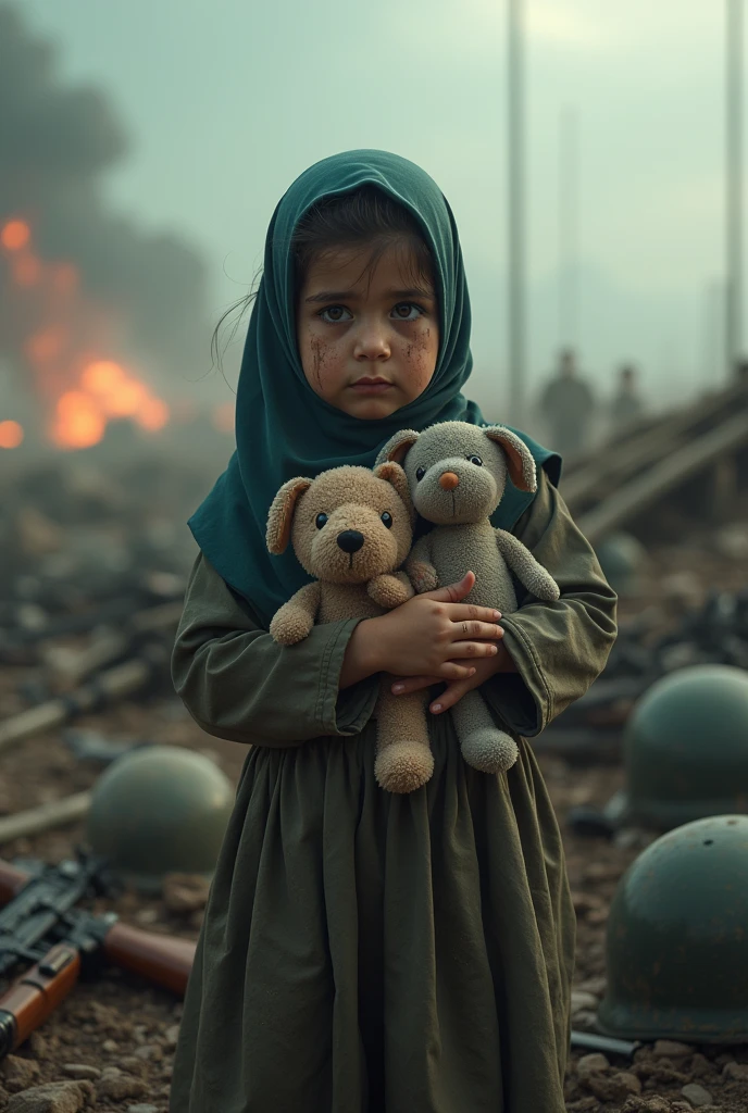 a young hijab girl, , crying, wearing a blouse, holding soft toys, with a dirty face, on a war battlefield, highly detailed, photorealistic, 8K, cinematic lighting, emotional portrait, dramatic colors, beautiful, sad expressionon the battlefield, detailed military uniform, rifle, combat helmet, tactical vest, fierce expression, gunfire in the background, explosions, smoke, cloudy sky, gritty war-torn landscape, (best quality,4k,8k,highres,masterpiece:1.2),ultra-detailed,(realistic,photorealistic,photo-realistic:1.37),cinematic lighting,epic war scene,dramatic composition