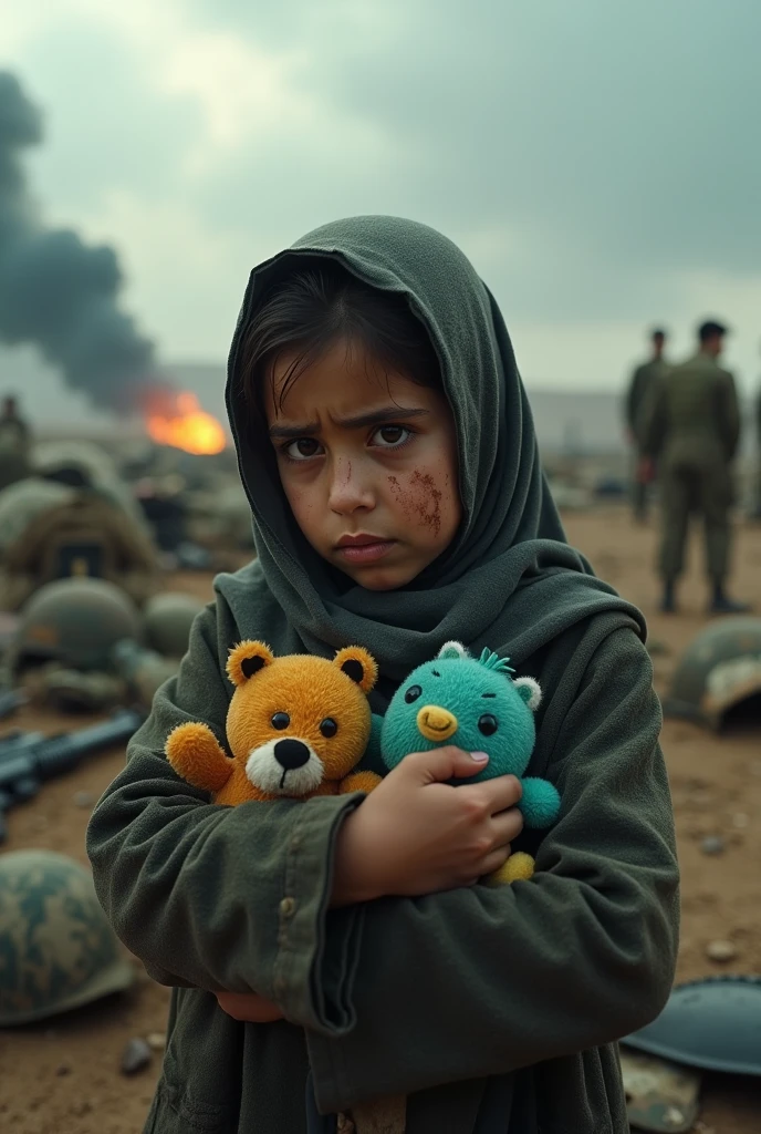 a young hijab girl, , crying, wearing a blouse, holding soft toys, with a dirty face, on a war battlefield, highly detailed, photorealistic, 8K, cinematic lighting, emotional portrait, dramatic colors, beautiful, sad expressionon the battlefield, detailed military uniform, rifle, combat helmet, tactical vest, fierce expression, gunfire in the background, explosions, smoke, cloudy sky, gritty war-torn landscape, (best quality,4k,8k,highres,masterpiece:1.2),ultra-detailed,(realistic,photorealistic,photo-realistic:1.37),cinematic lighting,epic war scene,dramatic composition