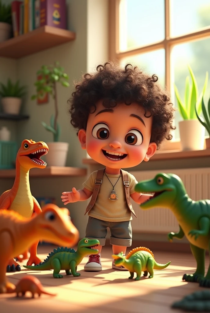 Create an animated image showing a three-year-old boy with dark brown curly hair playing with dinosaurs.