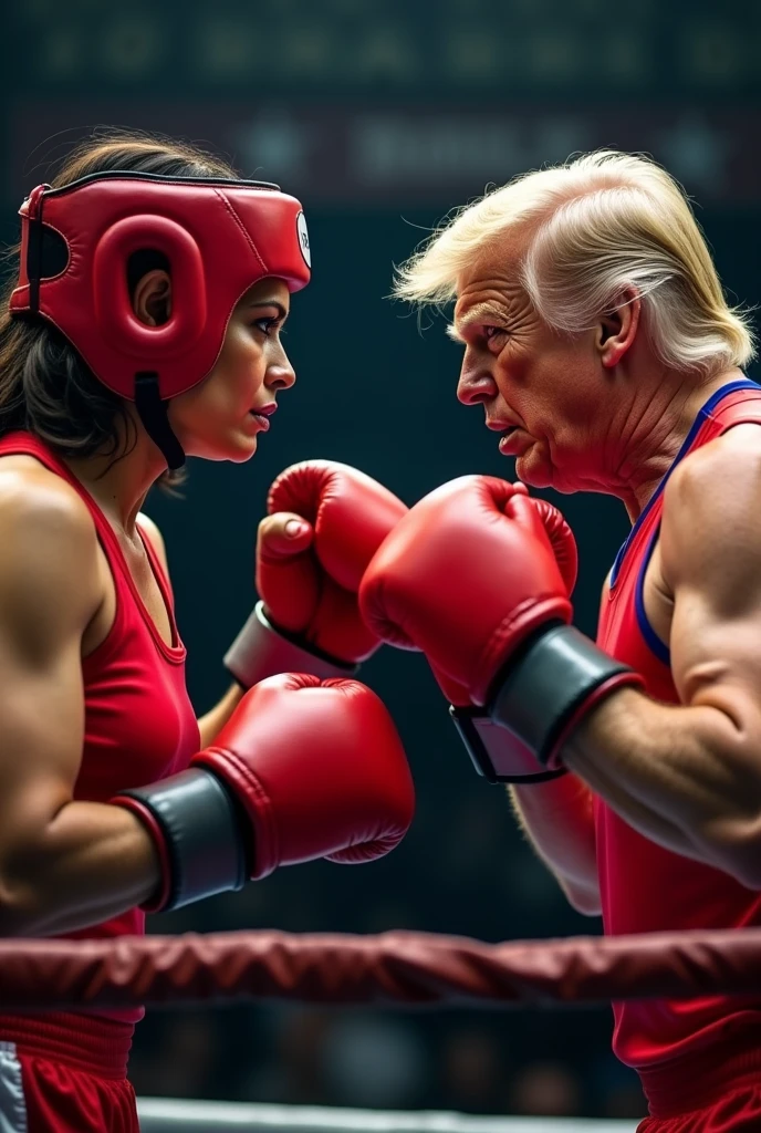 kamala harris fighting donald trump in a boxing ring. both are wearing boxing gloves. trump wearing a boxing outfit