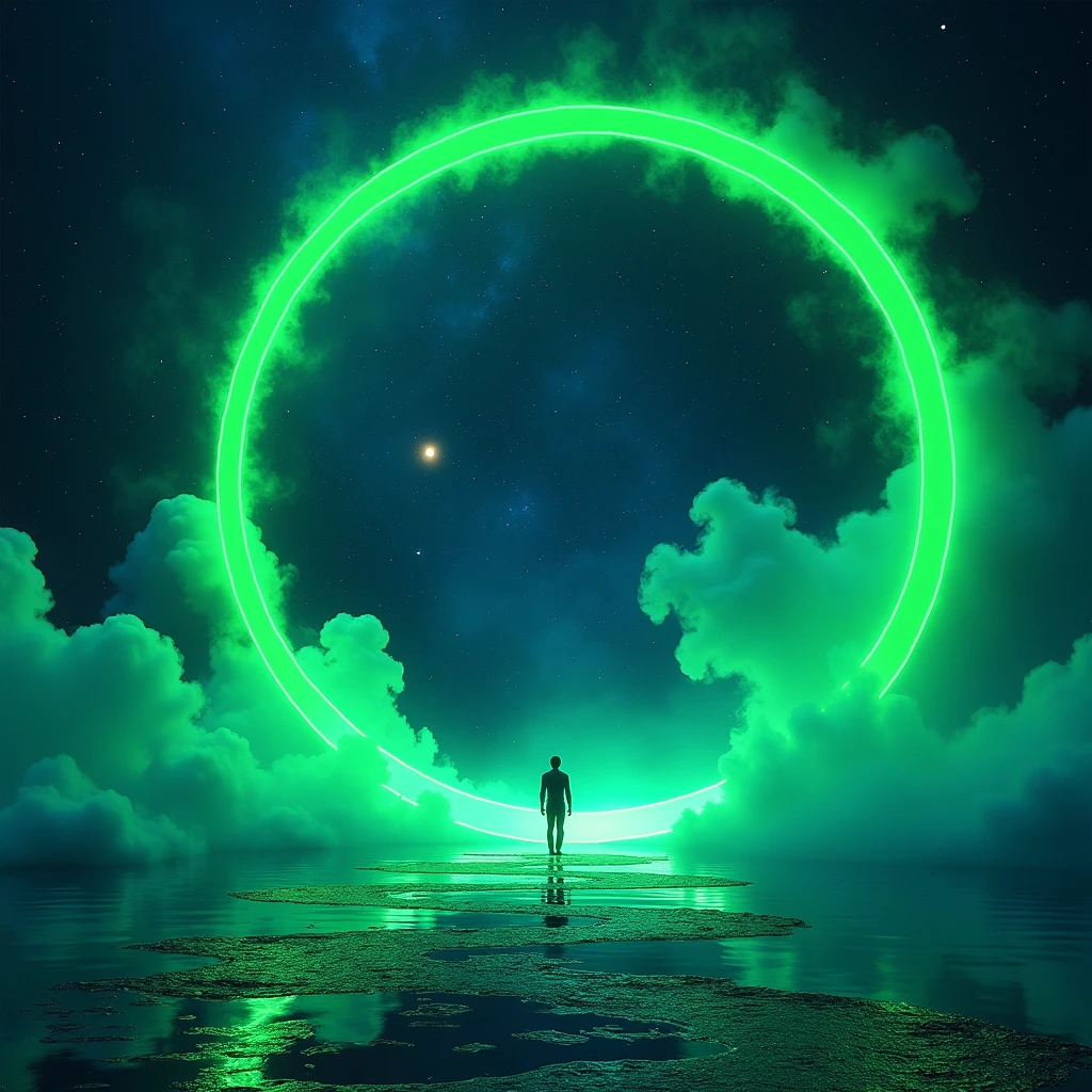 round frame, Outer space, neon green colors , smoke, weed