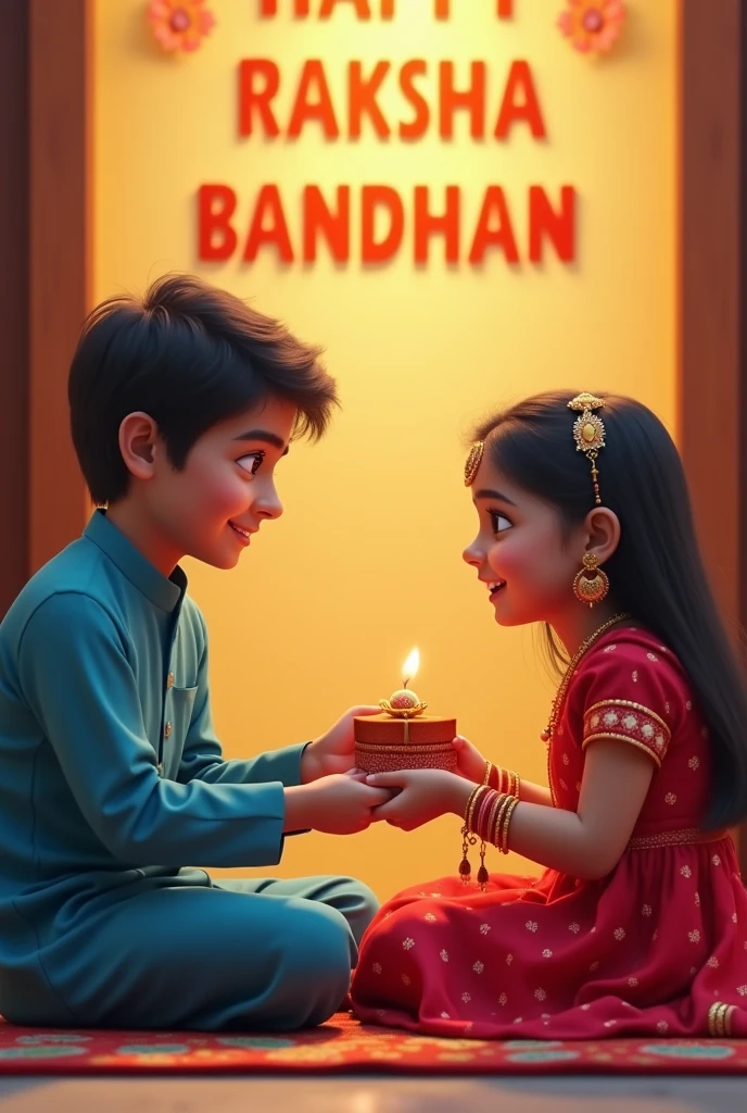 A real 20 year old Cute boy and girl are sitting face to face on a colorful mat in the home lobby, the boy has extended one of his hands forward, And Girl tying Rakhi on brother's hand. boy is wearing a Blue colored kurta And the girl is wearing a Red Lahenga, boy has a gift box in his other hand, is smiling, boy has applied tilak on his forehead, and on the wall in bold letters "HAPPY RAKSHA BANDHAN" "Aayush & Karuna" It is written, 4k image
