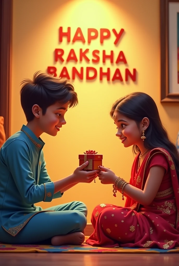 A realistic 20 year old Cute boy and girl are sitting face to face on a colorful mat in the home lobby, the boy has extended one of his hand forward And Girl tying Rakhi on brother's hand. boy is wearing a Blue colored kurta And the girl is wearing a yellow Lahenga, boy has a gift box in his other hand, is smiling, girl has applied tilak on his forehead, and on the wall in bold letters "HAPPY RAKSHA BANDHAN" "Ajay & Money" It is written, 4k image