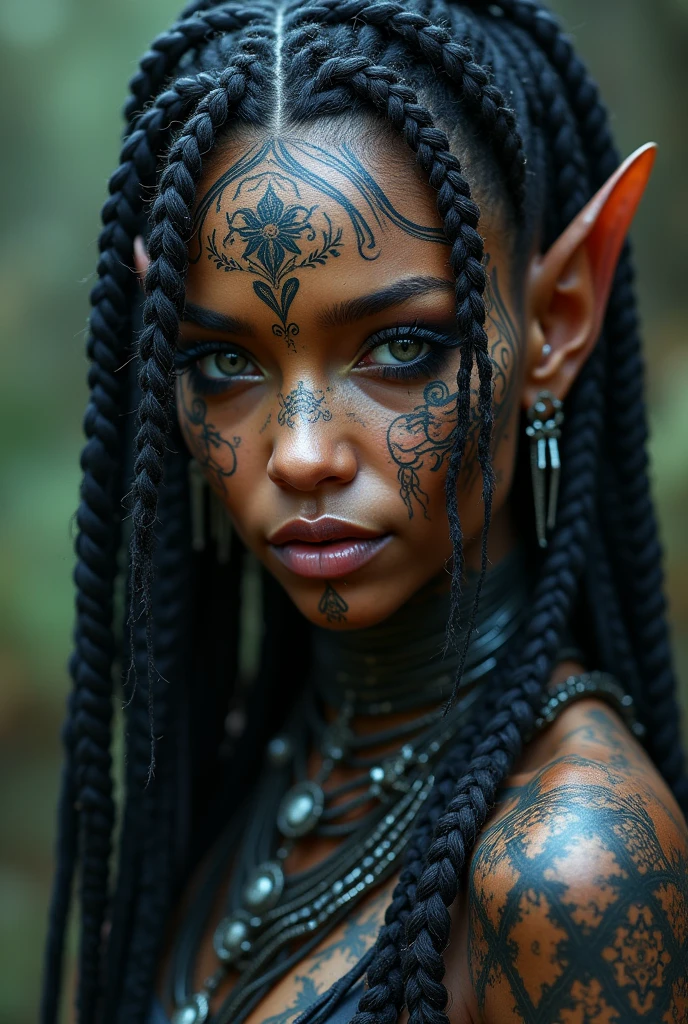 Close up portrait of woman with tattoo on face, Dark Elf, Fractalpunk, Braided complex hair, matte painting portrait shot, Beautiful female android, Dark skin, She is dressed as a shaman, Tattooed face, Cryptopunk, Heavy makeup,smile、Cowboy Shot