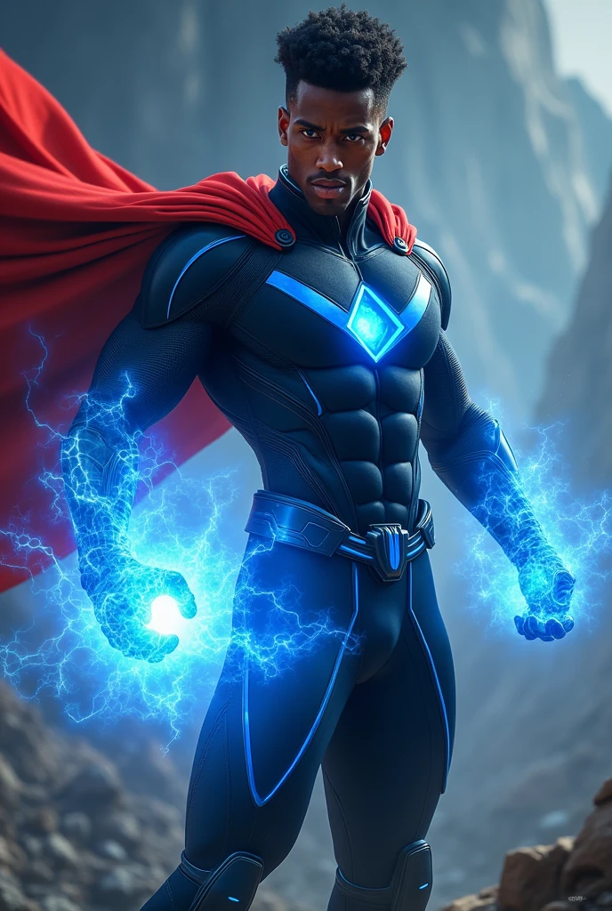 Create an image of a young, dark-skinned man, black uniform with blue details, with a red cape and a look and short afro hair and blue eyes using blue energy to generate a shield
