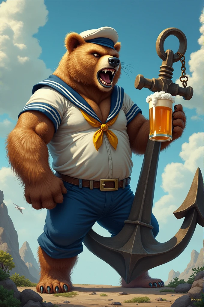 Angry bear with big muscles and arms dressed as a sailor with a chopp beer in his hand and a giant anchor without water