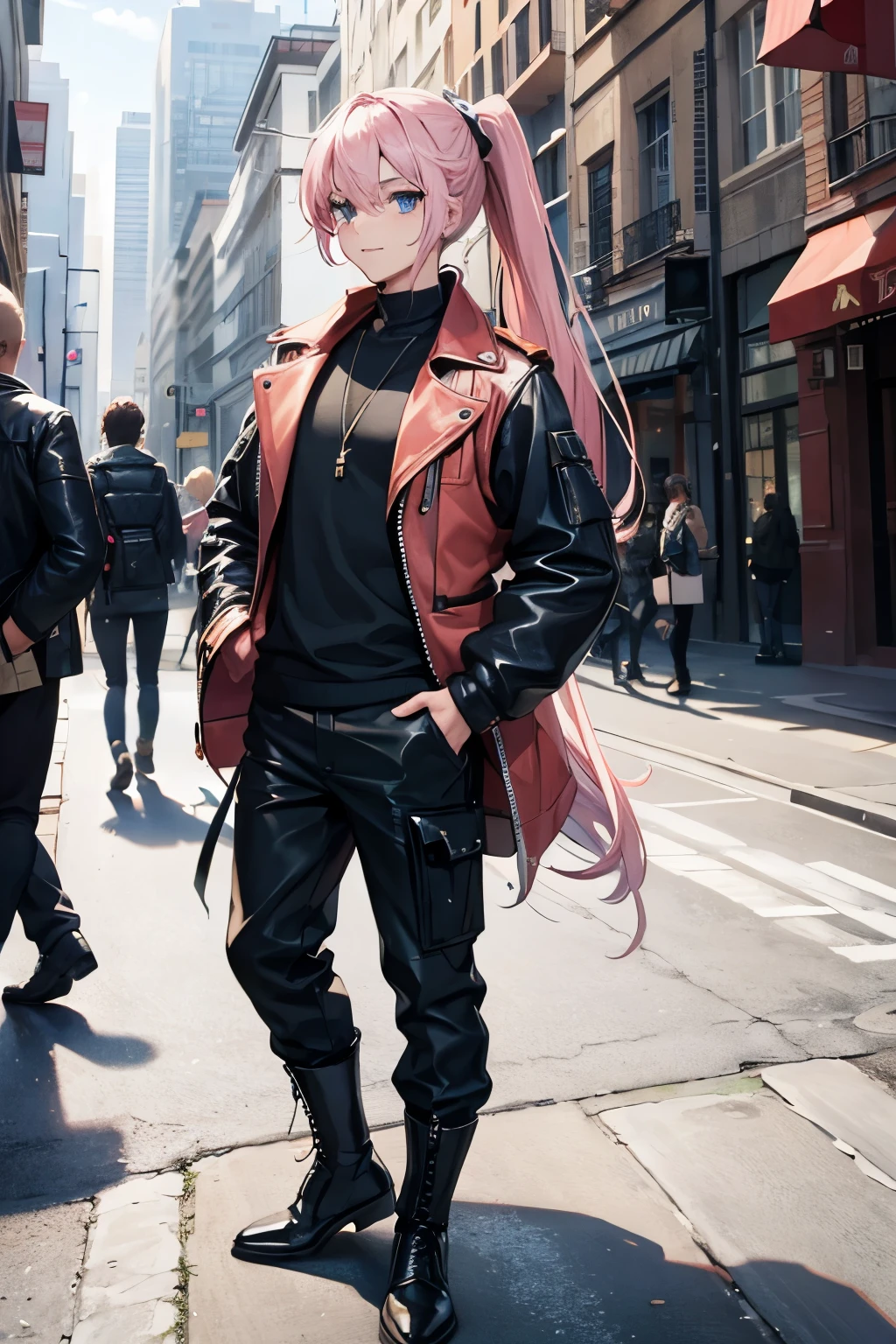 masterpiece, best quality, (ultra-detailed), (super fine illustration), BREAK, (1boy), Young adult man, BREAK,  male body, (full body), BREAK, slim bulid,  well-bulid body, BREAK, (long hair, light pink hair, ponytail), BREAK, (perfect eyes, blue eyes, detailed eyes, vertical pupils), BREAK, light smile, BREAK, (leather vest), (black shirt, long sleeves) (black baggy pants, long pants), (boots), BREAK, looking at viewer, (medival city),  standing, hands on own hips, 